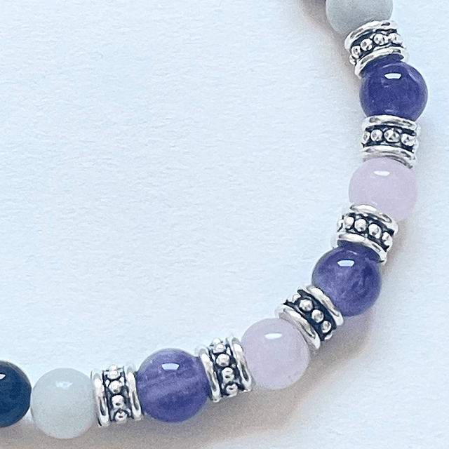 B51- Bracelet amazonite, oeil de tigre, quartz, améthyste et métal