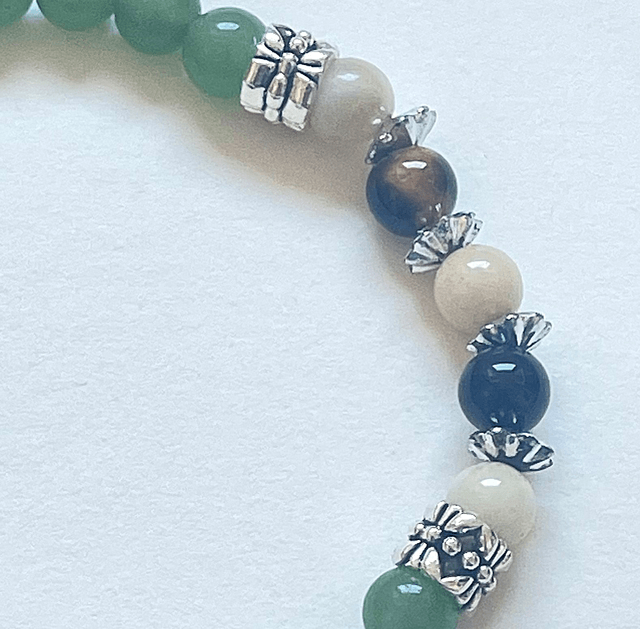 B42- Bracelet chrysoprase 3agate 1oeil de tigre 1aventurine et métal