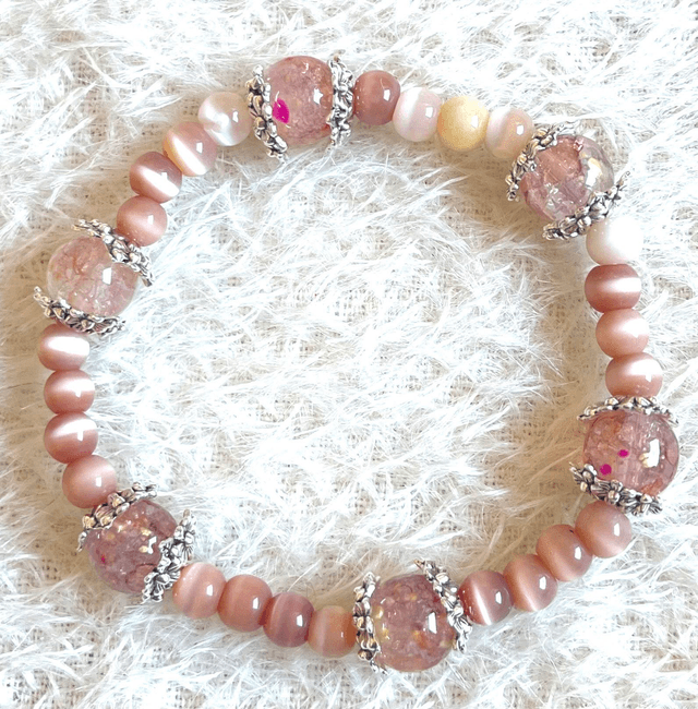 B32 - Bracelet perles verre ton rose et inter perles métal