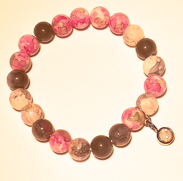 B02 - Bracelet perles verre tons rose, crème, brun
